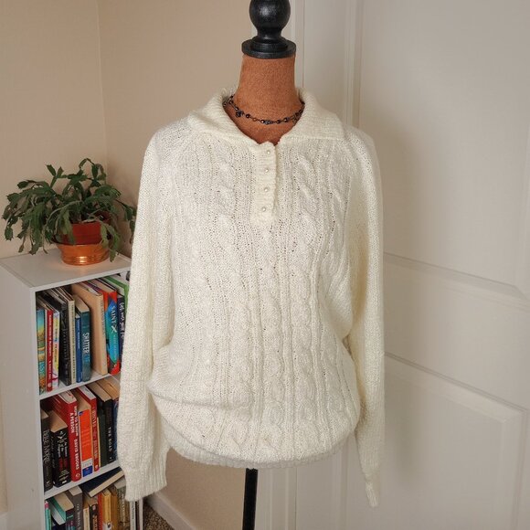 Authentic Vintage 80s Preppy White Cable Knit Collared Sweater Miranda - Picture 3 of 8